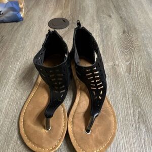 Steven West Black Brown Cut-Out Zip Ankle Strap Thong Women's Sandals 6